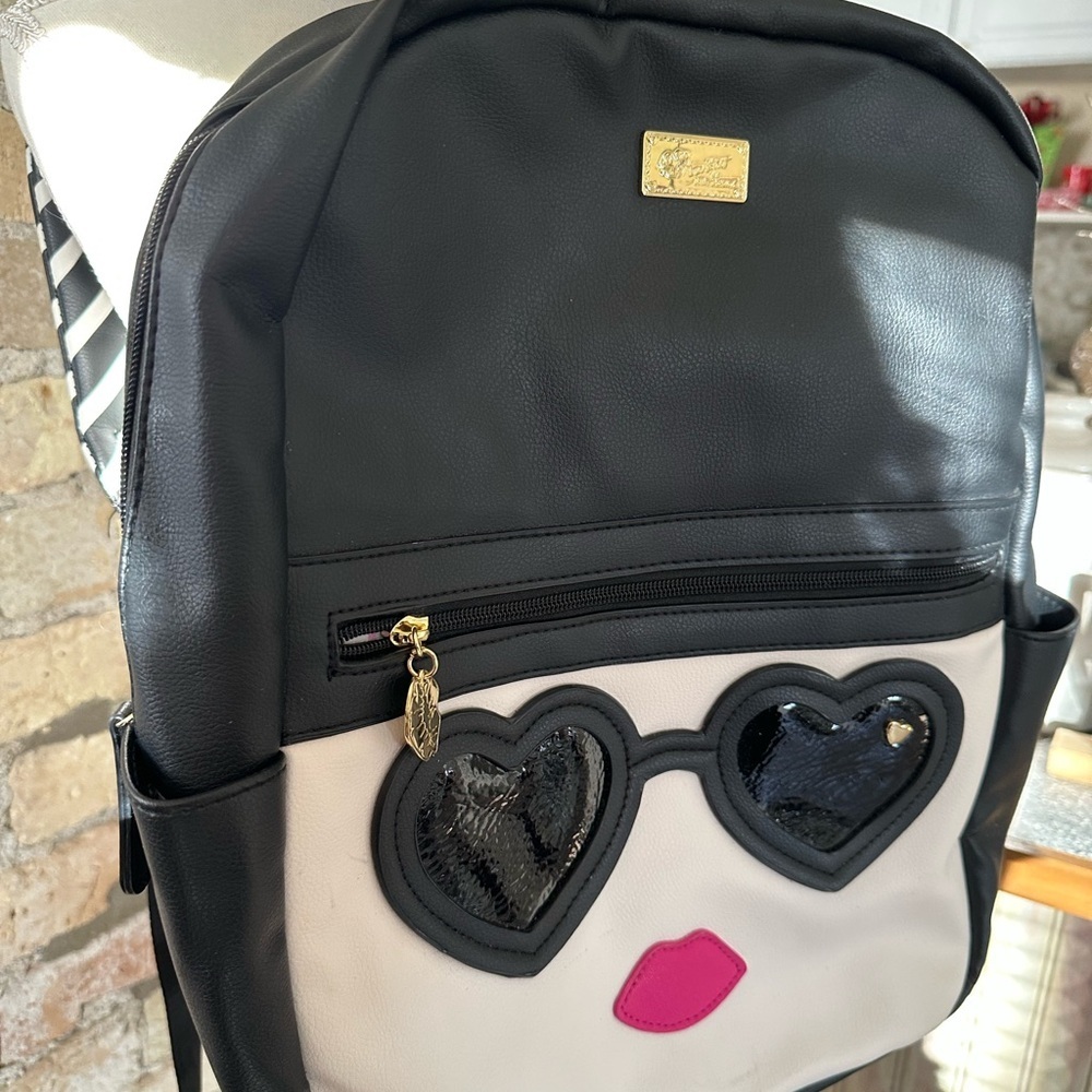 Betsey Trendy Emoji Black and Cream Backpack with Heart and Lip Design